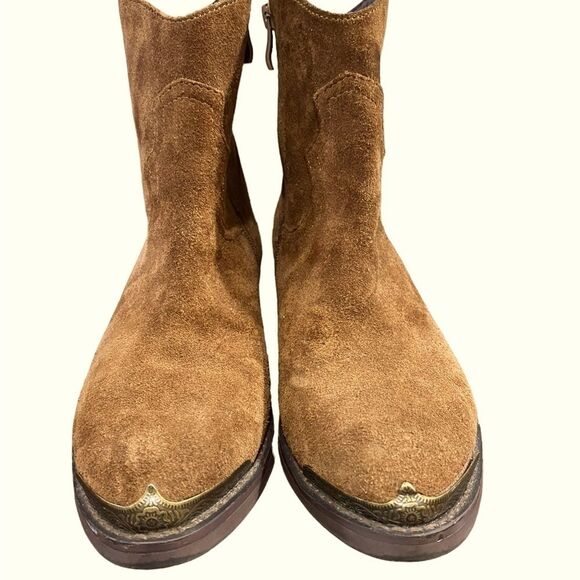 Very Volatile Chocolate Brown Suede Western Boots Chic Metal Detail Toe & Heel - Picture 2 of 14